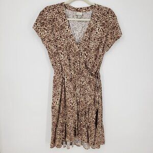 A New Day Leopard Print‎ Faux Wrap Dress XS Ruffle High Low Hem Brown